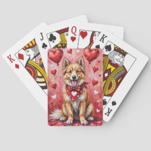 Keeshond Valentinstag Hund sitzt mit Herzen Rot Spielkarten