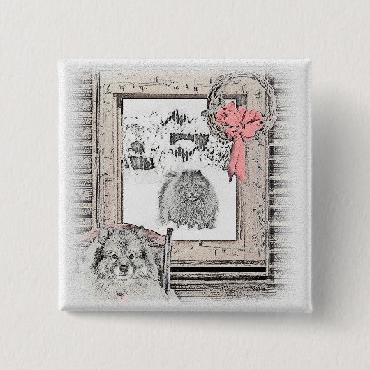 Keeshond Weihnachtsfenster Malerei Hund Kunst Button (Vorderseite)