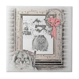 Keeshond Weihnachtsfenster Malerei Hund Kunst Fliese