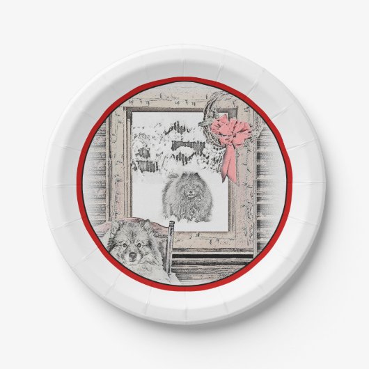 Keeshond Weihnachtsfenster Malerei Hund Kunst Pappteller (Vorderseite)