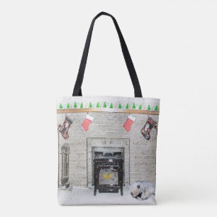 Keeshond-WeihnachtsHündchen durch Kamin-Malerei Tasche