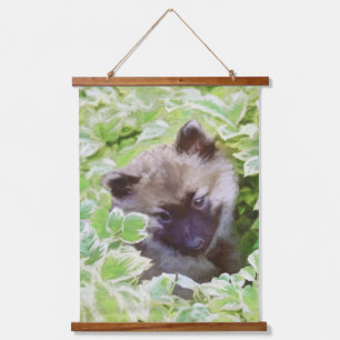 Keeshond-Welpe im Garten Gemälde Original Kunst Wandteppich Mit Holzrahmen