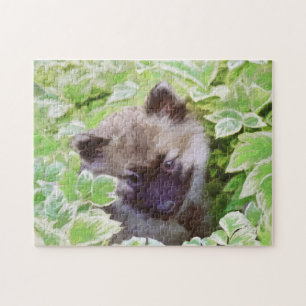 Keeshond-Welpe im Garten Malerei Original Kunst Puzzle
