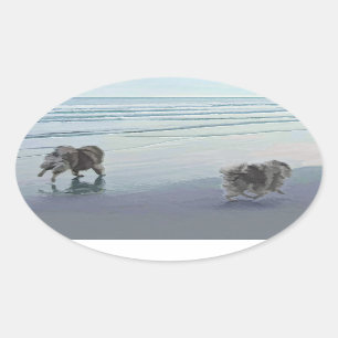 Keeshonds an der Küste Malerei Hund Kunst Ovaler Aufkleber