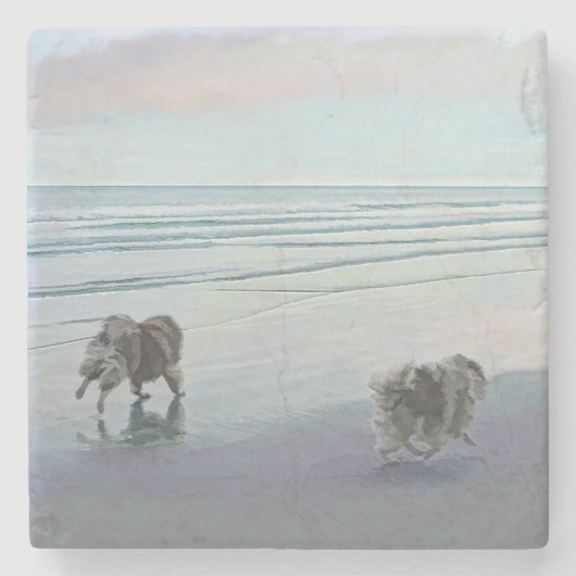Keeshonds an der Küste Malerei Hund Kunst Steinuntersetzer (Vorderseite)