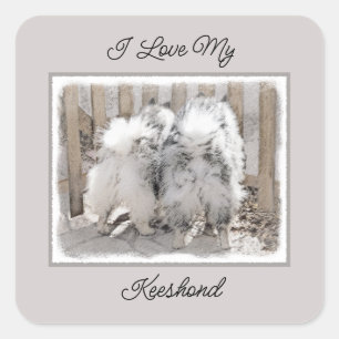 Keeshonds at Gate Painting - Original Dog Art Quadratischer Aufkleber