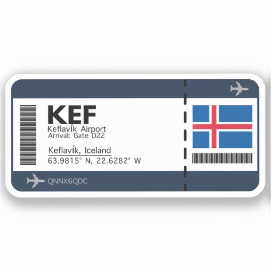 KEF Keflavik Boarding Pass - Island Ticket Aufkleber (Vorderseite)