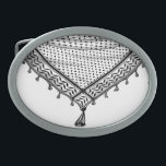 Keffiyeh palästinensischer Scarf Traditionelles Ge Ovale Gürtelschnalle<br><div class="desc">Palästinensischer / arabischer Keffiyeh schwarz-weiße Scarf, als ob um den Hals umwickelt, Element abgeschieden auf weiß. Der Keffiyeh, auch als Hatta bekannt, ist eine traditionelle arabische Kopfbedeckung. Historisch gesehen wurde es von nomadischen Gemeinschaften - oder Beduinen - im historischen Palästina getragen. Es ist typisch aus Baumwolle und mit charakteristischen Geweben...</div>