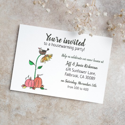 Kehle in Nest mit Pumpkins Fall Housewarming Party Ankündigung