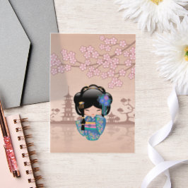 Keiko Kokeshi Doll Blue Kimono Geisha Beige Insert Pergament Einladungen