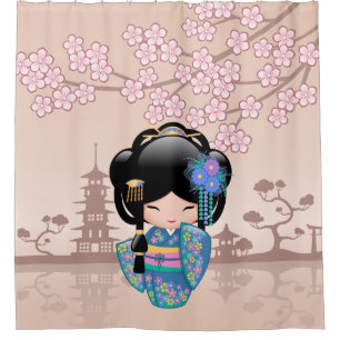 Keiko Kokeshi Doll Blue Kimono Geisha Girl Beige Duschvorhang