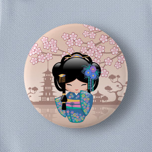 Keiko Kokeshi Doll - Blue Kimono Geisha Girl Button