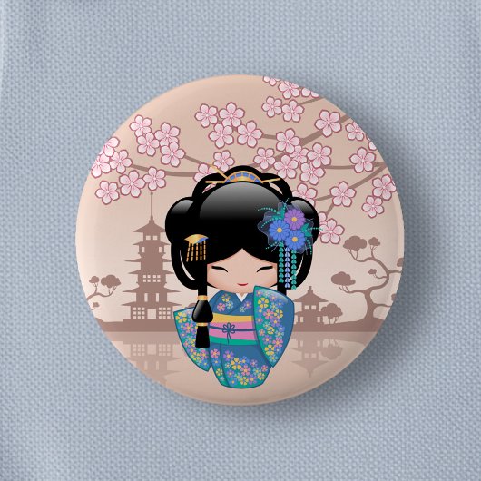Keiko Kokeshi Doll - Blue Kimono Geisha Girl Button