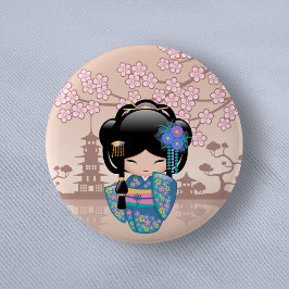 Keiko Kokeshi Doll - Blue Kimono Geisha Girl Button
