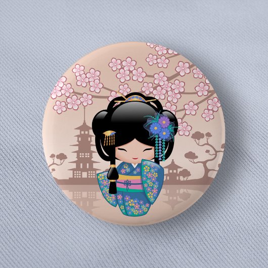 Keiko Kokeshi Doll - Blue Kimono Geisha Girl Button