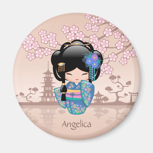 Keiko Kokeshi Doll - Blue Kimono Geisha Girl Magnet (Vorne)