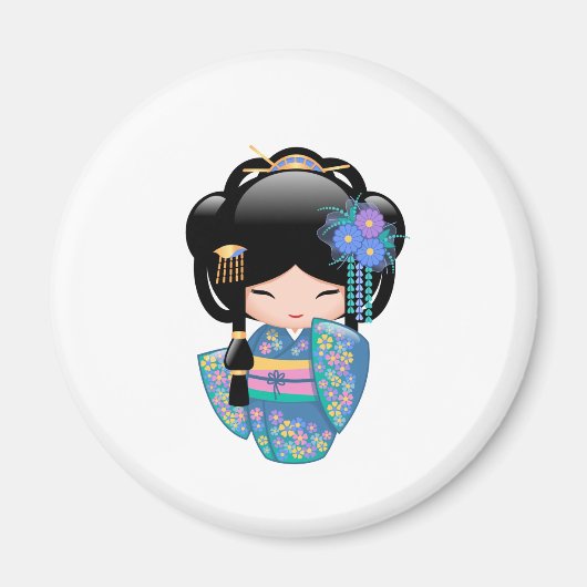 Keiko Kokeshi Doll - Blue Kimono Geisha Girl Magnet (Vorne)