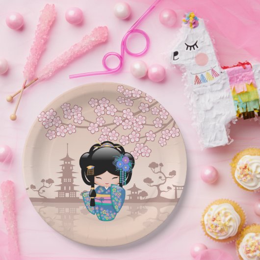 Keiko Kokeshi Doll - Blue Kimono Geisha Girl Pappteller (Party)