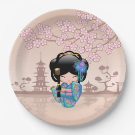 Keiko Kokeshi Doll - Blue Kimono Geisha Girl Pappteller