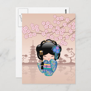 Keiko Kokeshi Doll - Blue Kimono Geisha Girl Postkarte