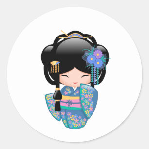 Keiko Kokeshi Puppe - blaues Kimono-Geisha-Mädche Runder Aufkleber