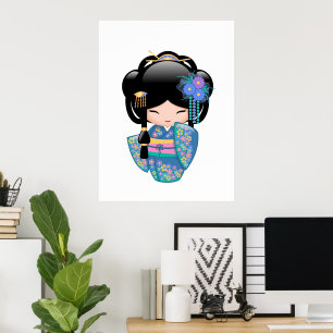 Keiko Kokeshi-Puppe - Geisha-Mädchen im blauen Kim Poster