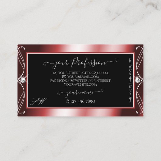 Keilrot-schwarz-glänzende Diamanten Monogramm Visitenkarte (Rückseite)