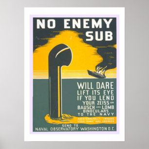 Kein feindliches U-Boot Vintage WW2 Marine Militär Poster