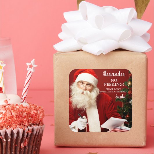 Kein Peeking ADD NAME Weihnachtsmann Geschenkaufkl Quadratischer Aufkleber (Party)