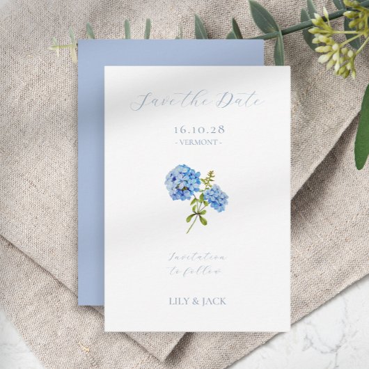 Keine Foto Blue Script Hydrangea Save the Date Kar
