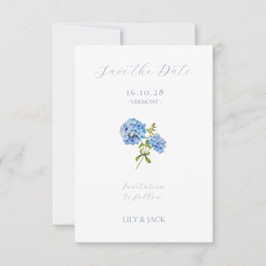 Keine Foto Blue Script Hydrangea Save the Date Kar (Vorderseite)