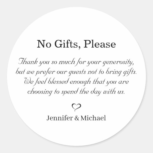keine Geschenke bitte, beachten Sie auf Hochzeitsg Runder Aufkleber (Vorderseite)