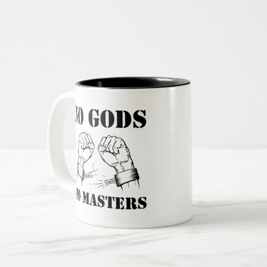 Keine Götter, keine Meister - Atheismus u. Zweifarbige Tasse (Vorderseite Links)