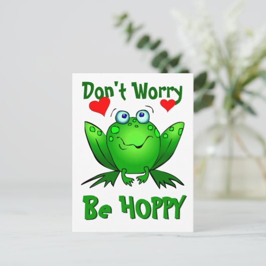 Keine Sorge, um Hoppy Niedliche grüne Frosch mit H Postkarte (Stehend Vorderseite)