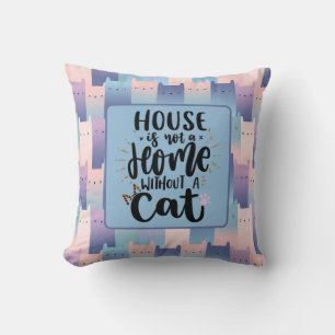 Keine Zuhause ohne Katze, rosa Lila blaues Muster Kissen