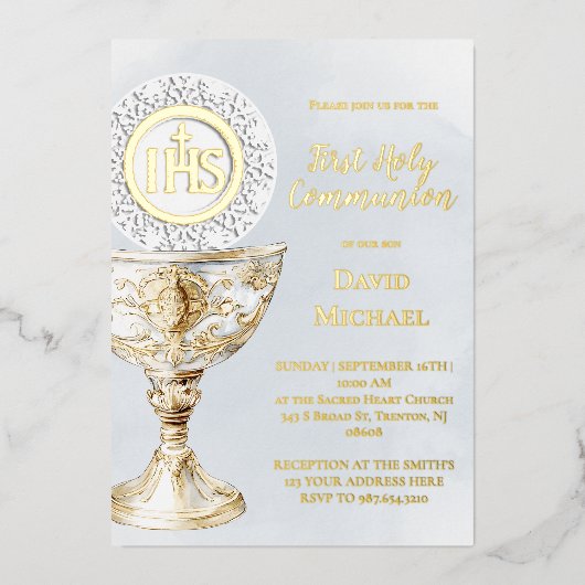 Kelch Host Erstkommunion Blaue Wasserfarbe Folieneinladung (Vorderseite)