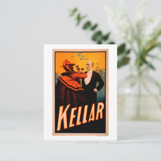 Kellar Magician trinkt Wein mit dem Teufel Postkarte (Stehend Vorderseite)