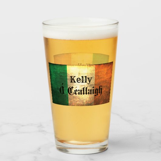 Kelly Familienname auf irischer Flagge Glas (Vorne (Gefüllt))