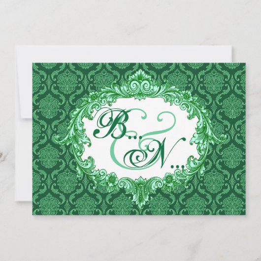 Kelly Green Damask Monogramm Hochzeitsvorlage Einladung (Vorderseite)
