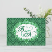 Kelly Green Damask Monogramm Hochzeitsvorlage Einladung (Stehend Vorderseite)