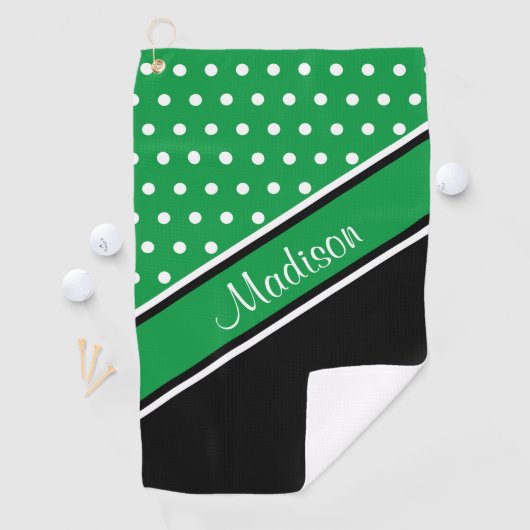 Kelly Green Polka Dot Black Diagonal Script Name Golfhandtuch (Insitu)