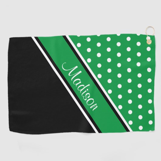 Kelly Green Polka Dot Black Diagonal Script Name Golfhandtuch (Horizontal)