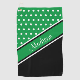 Kelly Green Polka Dot Black Diagonal Script Name Golfhandtuch