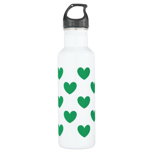 Kelly green polka herzen auf weiß edelstahlflasche (Vorderseite)