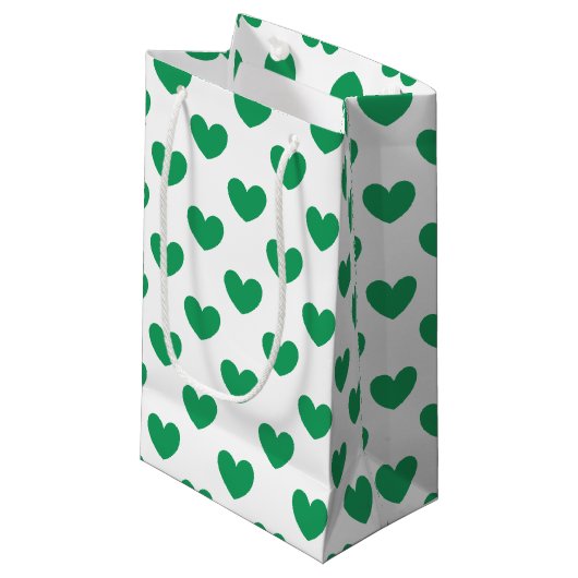 Kelly green polka herzen auf weiß kleine geschenktüte (Vorderseite Schrägansicht)