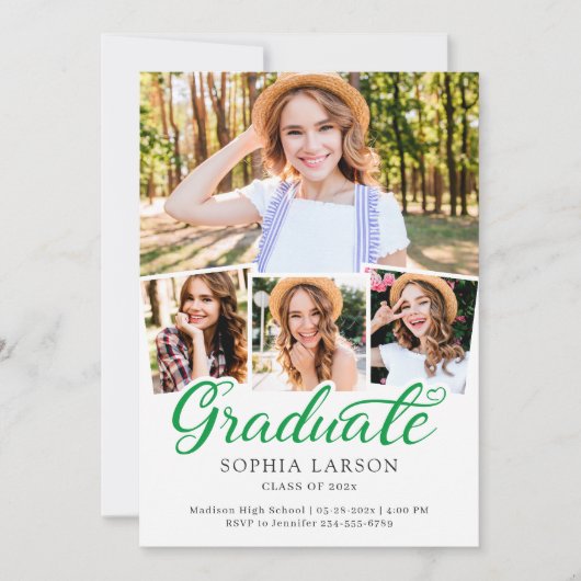 Kelly Green Script 4 Foto Collage Abschluss Ankündigung (Vorderseite)