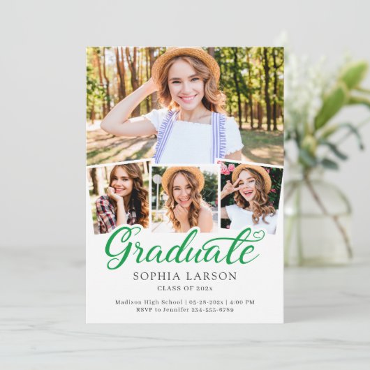 Kelly Green Script 4 Foto Collage Abschluss Ankündigung (Stehend Vorderseite)