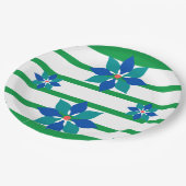 Kelly Green Streifen und blaue Blumen Pappteller (Schrägansicht)