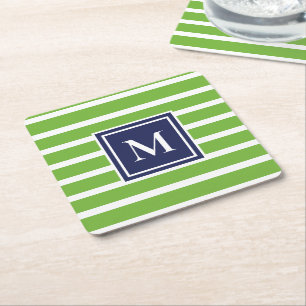Kelly Green Stripe Modern Monogram Coastal Beach Rechteckiger Pappuntersetzer