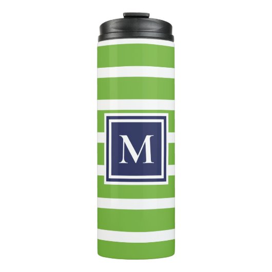 Kelly Green Stripe Navy Moderne Monogram Coastal Thermosbecher (Vorderseite)